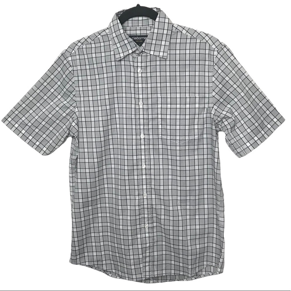 Claiborne Easy Care Gray Plaid Check Button Up Shirt